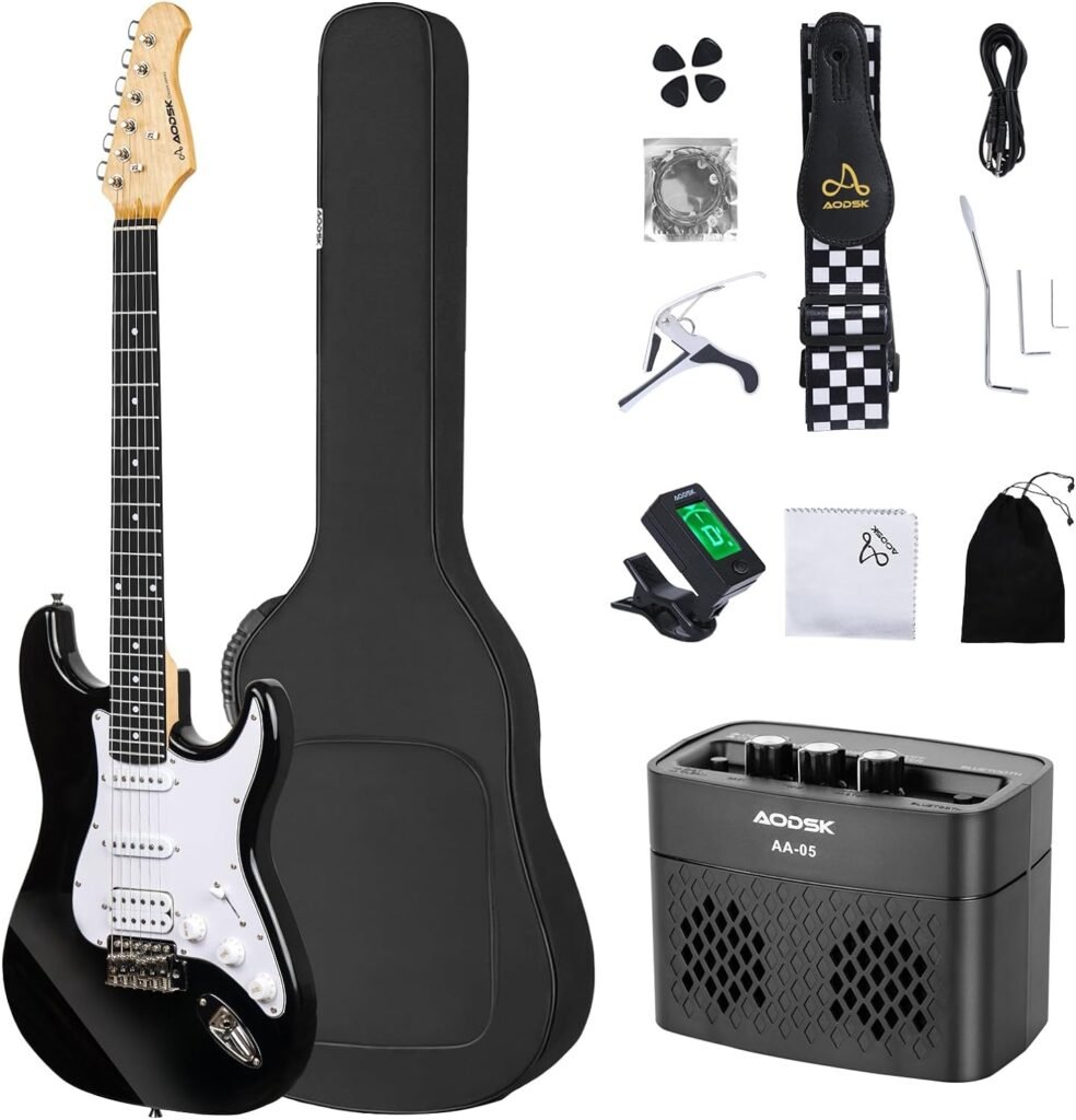 AODSK Electric Guitar with Amp Beginner Kit 39 Inch Solid Body Full Size,HSS Pick Up,All Accessories,Digital Tuner,Six Strings,Four Picks,Tremolo Bar,Strap,Gig Bag,Starter kit -Blue