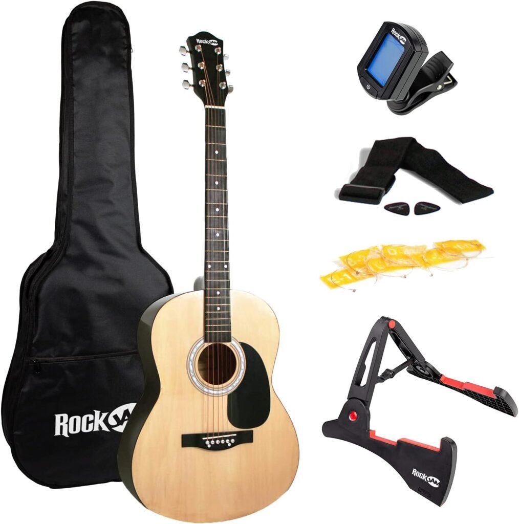 RockJam Acoustic Guitar Superkit Includes Stand, Gig Bag, Tuner, Picks, Plectrum Holder, Spare Strings  Online Lessons 6 Pack, Right, Natural, Full (RJW-101-N-PK)