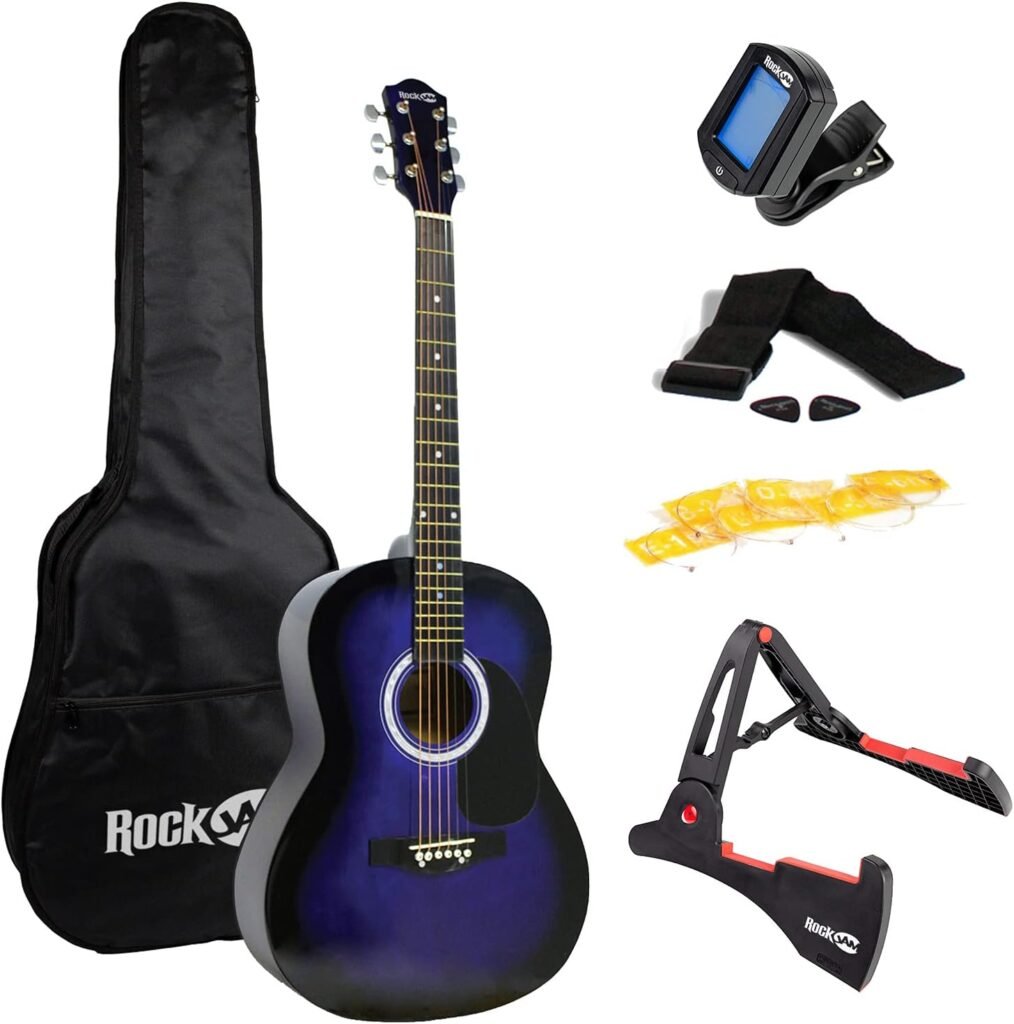 RockJam Acoustic Guitar Superkit Includes Stand, Gig Bag, Tuner, Picks, Plectrum Holder, Spare Strings  Online Lessons 6 Pack, Right, Natural, Full (RJW-101-N-PK)