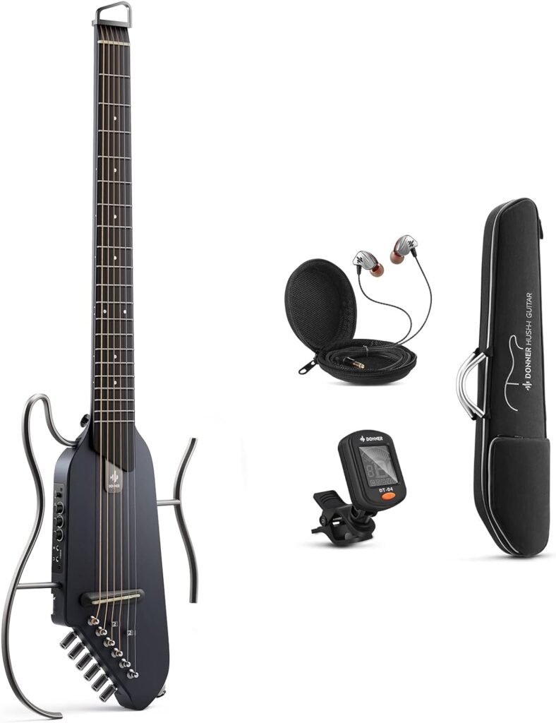 Donner HUSH-I Guitar For Travel - Portable Ultra-Light and Quiet Performance Headless Acoustic-Electric Guitar, Maple Body with Removable Frames, Gig Bag, and Accessories