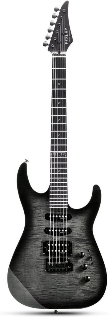 Electric Guitar, Full Size Solid Body Electric Guitar Beginner Kit, HSS Pickup With Coil Split, Poplar Body Flame Maple Top Maple Neck With Gig Bag, Cable, Strap, Tuner, FDK800, Black