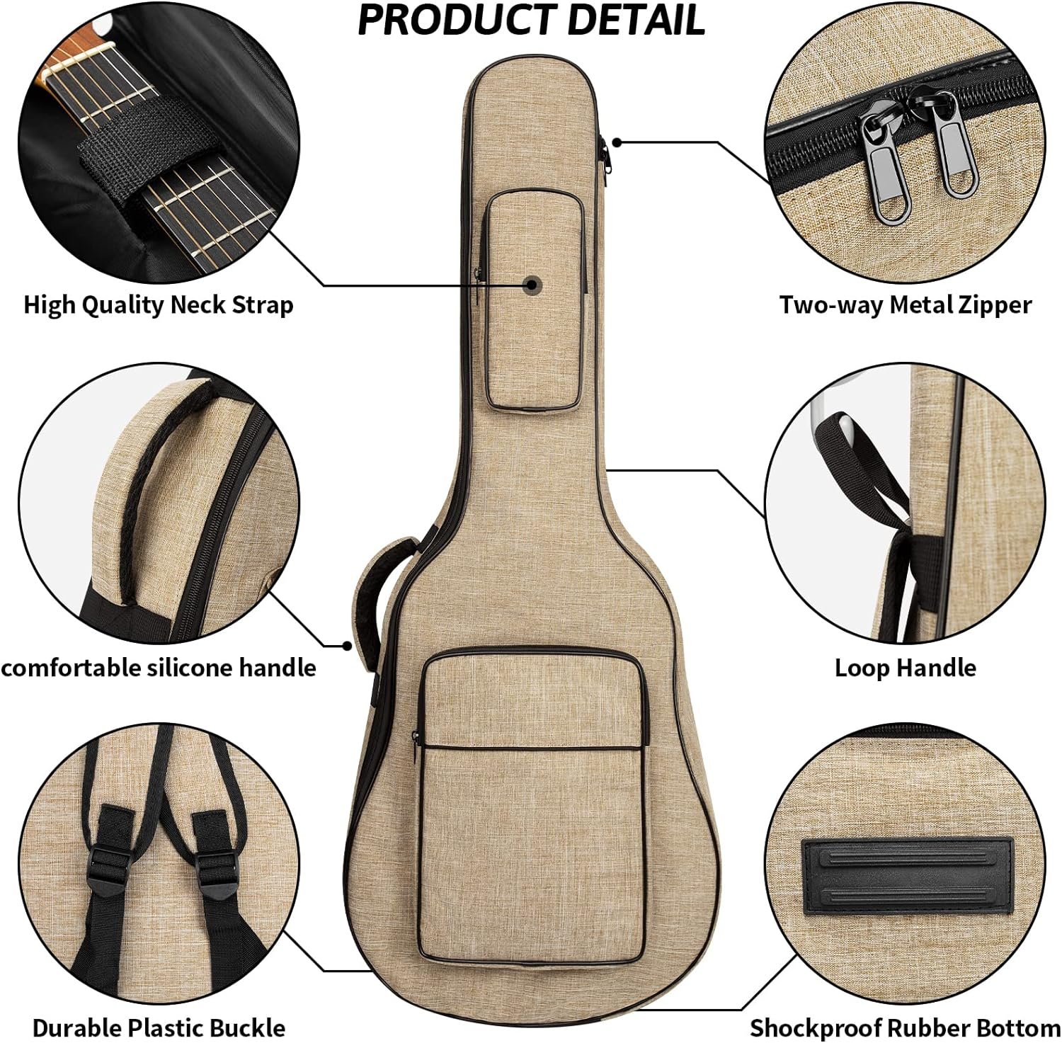 Acoustic Guitar Bag with 0.5 Inch Thick Padding Fit 39 40 41 Inch Acoustic Classical Guitars Waterproof Guitar Gig Bag Guitar Case Khaki