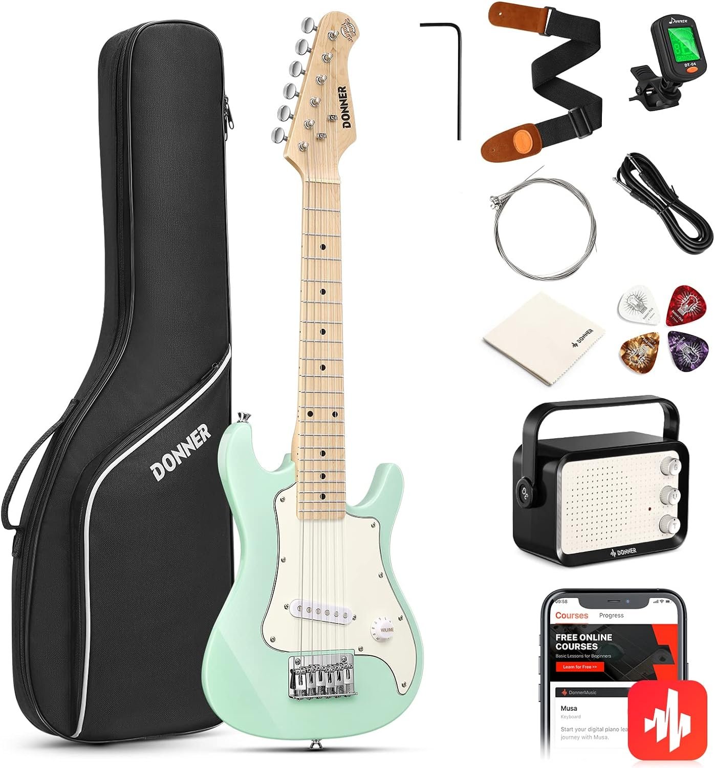 Donner 30 Inch Junior Electric Guitar Beginner Kit ST Style Mini Electric Guitar Starter Package for Teens with Amp, 600D Bag, Tuner, Picks, Cable, Strap, Extra Strings DSJ-100