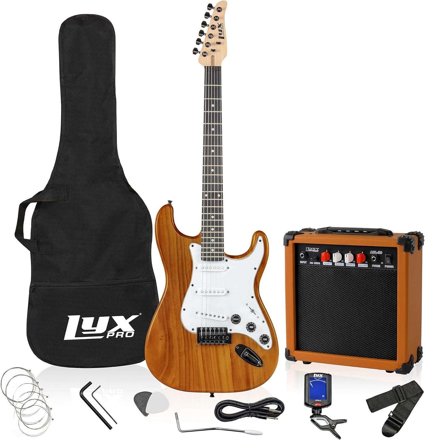 LyxPro 39 inch Electric Guitar Kit Bundle with 20w Amplifier, All Accessories, Digital Clip On Tuner, Six Strings, Two Picks, Tremolo Bar, Shoulder Strap, Case Bag Starter kit Full Size - mahogany