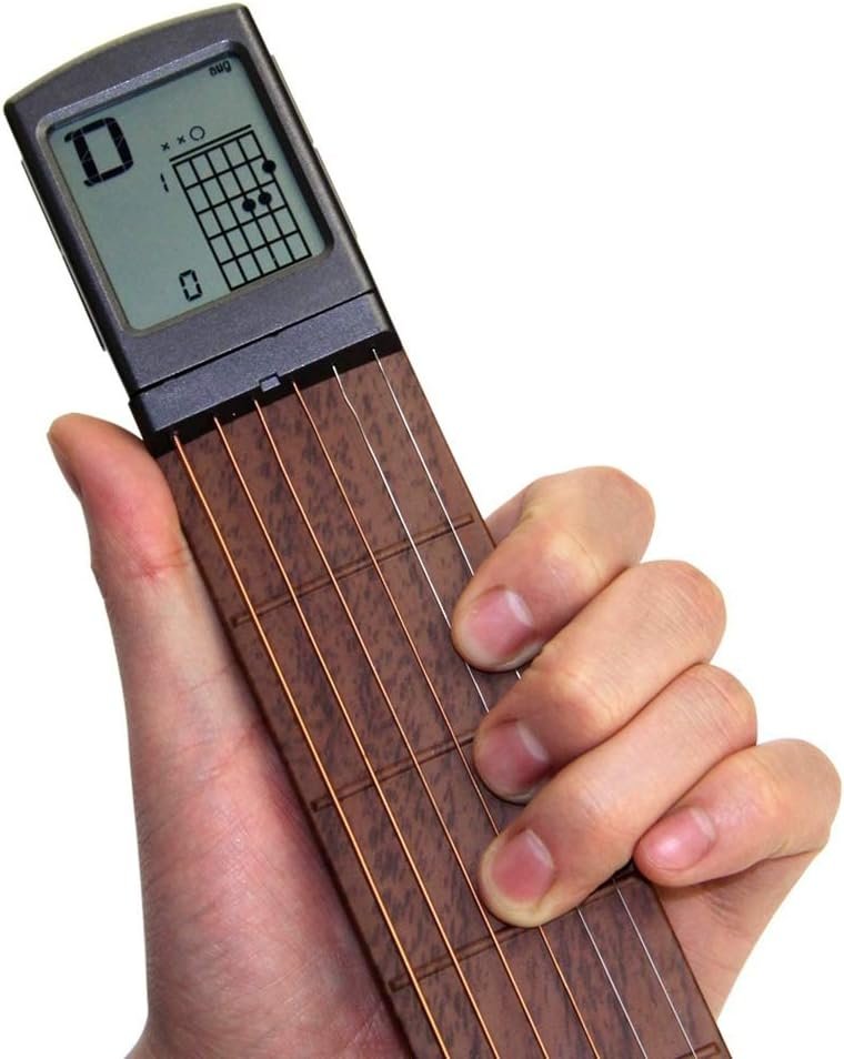 Pocket Guitar Chord Practice Tool, Portable Guitar Neck for Trainer Beginner w/a Rotatable Chords Chart Screen (Battery Included)