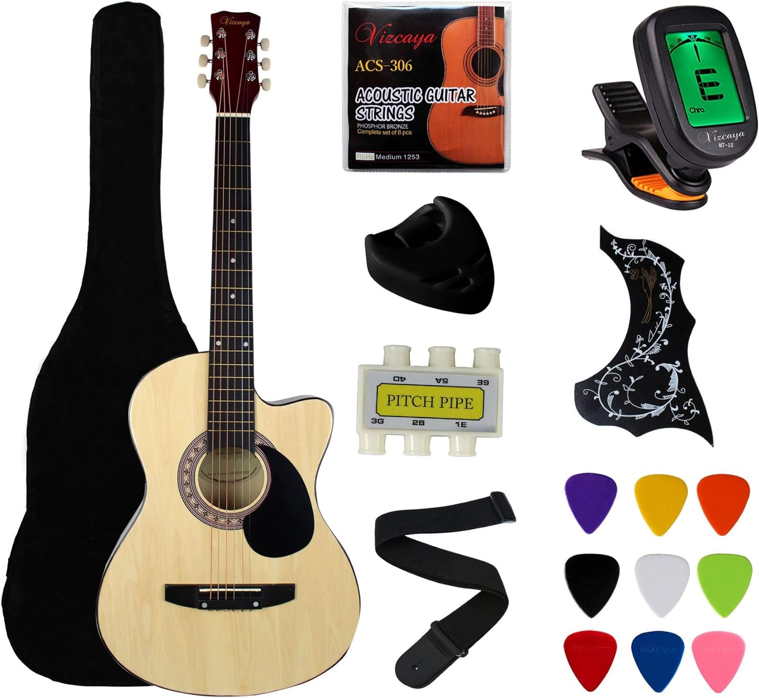 YMC 38 Cutaway Natural Beginner Acoustic Guitar Starter Package Student Guitar with Gig Bag,Strap, 3 thickness 9 picks,2 Pickguards,Pick Holder, Extra Strings, Electronic Tuner -Natural Cutaway